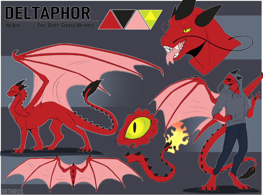 Deltaphor / he/him / Fire. Death. Groovy whiskers. I'm a red dragon with yellow-green eyes, three large black horns on my head and spikes running down my spine, pale red wings, and a tuft of black hair at the end of my tail that is flammable.